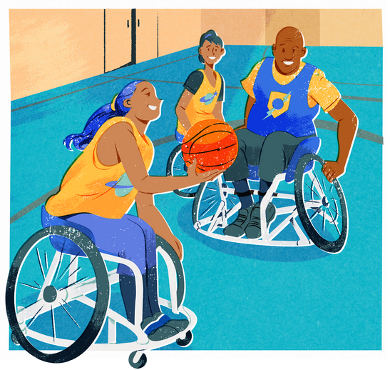 Riso Print Friends in Wheelchair Playing Basketball 